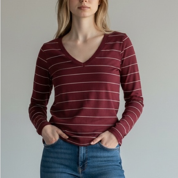 Twice Chic Boutique Tops - NEW•L-1X•PEACE BY PIECE ROSIE STRIPED SCARLET & WHITE LONG-SLEEVE